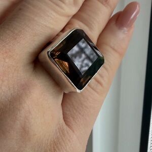 Large square SMOKEY QUARTZ and SILVER ring - size 7